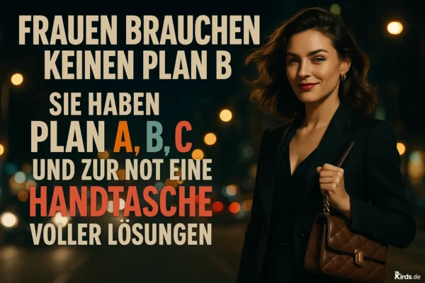 Dieses Spruch-Bild wirkt modern, selbstbewusst und humorvoll: Eine elegante Frau im Business-Look steht lässig auf einer nächtlich beleuchteten Straße und hält ihre Handtasche fest in der Hand. Ihre Pose, der Blick und das selbstsichere Lächeln unterstreichen den Inhalt des Spruchs. Die Schrift des Zitats ist farblich abwechslungsreich – einige Wörter stechen in kräftigem Rot, Orange und Blau hervor – und harmoniert perfekt mit der urbanen Szenerie.