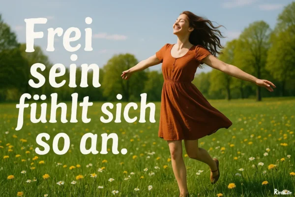 Eine junge Frau in einem leichten, rostfarbenen Kleid tanzt barfuß über eine blühende Wiese voller Gänseblümchen und Löwenzahn. Ihr Gesicht strahlt Freude und Freiheit aus, während sie die Arme weit ausbreitet und den Kopf leicht nach hinten neigt. Im Hintergrund erstreckt sich eine grüne Landschaft mit Bäumen unter einem hellblauen Himmel mit wenigen weißen Wolken.