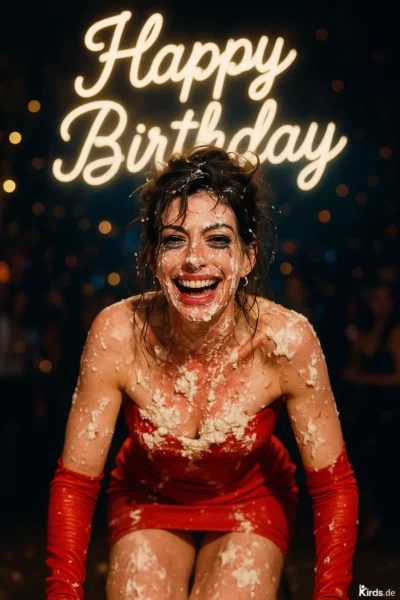 Dieses Spruch-Bild zeigt eine junge Frau in einem roten Kleid, deren Gesicht und Oberkörper komplett mit Kuchen bedeckt sind. Sie lacht herzlich und beugt sich leicht nach vorne, im Hintergrund leuchtet in großen Buchstaben der Schriftzug "Happy Birthday". Die Szene strahlt ausgelassene Freude, Spaß und Partyatmosphäre aus.
