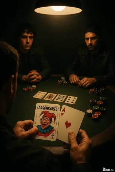 Das Spruch-Bild zeigt eine Szene an einem dunklen Pokertisch, der nur von einer einzelnen Lampe beleuchtet wird. Im Vordergrund hält eine Person zwei Karten: Eine Ass-Karte (Herz-Ass) und eine Karte mit einem bunten, karikaturhaften Clownskopf und der Aufschrift „ARSCHKARTE“. Im Hintergrund sitzen zwei Männer mit ernsten Mienen, beide in dunkler Kleidung, vor Pokerchips und aufgedeckten Karten. Die Stimmung wirkt angespannt und leicht düster, typisch für eine dramatische Pokerrunde.