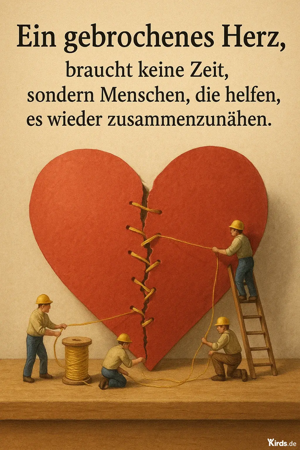 Dieses Bild ist kreativ und tief symbolisch: Miniaturfiguren nähen ein gebrochenes Herz wieder zusammen – eine wunderschöne Metapher für Heilung, Zusammenhalt und Fürsorge. Hier ist ein passender Spruch dazu: „Ein gebrochenes Herz braucht keine Zeit, sondern Menschen, die helfen, es wieder zusammenzunähen.“