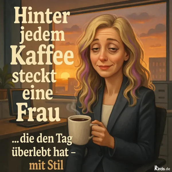 Dieses Spruch-Bild zeigt eine erschöpfte, aber stilvolle Frau mit leicht müdem Blick, die in einem Büro sitzt. Sie trägt ein Business-Outfit mit Blazer, hält eine weiße Kaffeetasse in der Hand und hat gewelltes, blondes Haar mit auffälligen lila Strähnen. Im Hintergrund ist durch das Fenster ein Sonnenaufgang über einer Stadt zu sehen, was symbolisch für den Start in einen neuen Tag steht. Die Szene ist humorvoll, leicht karikiert und erinnert an ein modernes Gemälde – sie fängt perfekt den Moment zwischen Erschöpfung und Würde ein. Der Spruch ist typografisch dominant ins Bild integriert und in gut lesbarer Schrift direkt über die Szene gelegt.