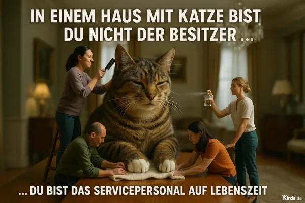 Dieses Bild ist humorvoll und pointiert inszeniert: Eine übergroße, entspannt sitzende Katze dominiert die Mitte eines eleganten Wohnzimmers. Um sie herum kümmern sich vier Menschen hingebungsvoll um sie: Einer kämmt ihr das Fell, eine andere sprüht sie sanft ein, während zwei weitere das weiche Tuch unter ihren Pfoten glatt streichen. Die Szene vermittelt auf witzige Weise die totale Hingabe des Menschen an die Katze – ganz im Sinne des Spruches über das Leben als Katzen-Servicepersonal.