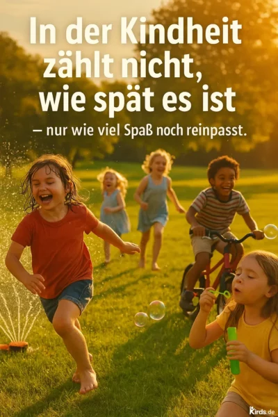 Dieses Spruch-Bild fängt pure Sommerfreude und Kindheitsnostalgie ein: Eine Gruppe von Kindern spielt fröhlich auf einer grünen Wiese im warmen Abendlicht. Ein Kind läuft barfuß durch einen Rasensprenger, andere rennen lachend hinterher. Im Vordergrund sitzt ein Mädchen, das konzentriert Seifenblasen pustet, während ein Junge lachend auf einem Fahrrad fährt. Die Stimmung ist voller Lebendigkeit, Freiheit und Freude.