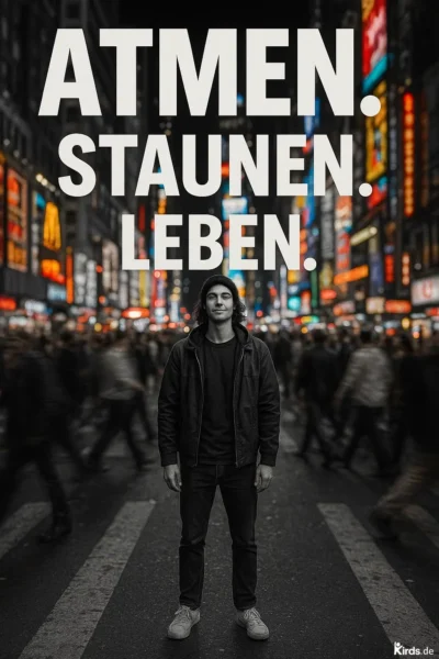 Dieses Spruch-Bild ist urban und intensiv: Ein junger Mann steht ruhig auf einer belebten Großstadtstraße, während um ihn herum die Menschen in Bewegung verschwimmen. Der Hintergrund ist geprägt von bunten, leuchtenden Reklametafeln, während der Vordergrund bewusst entsättigt und fokussiert bleibt – eine starke Metapher für Achtsamkeit und das bewusste Erleben im hektischen Alltag.