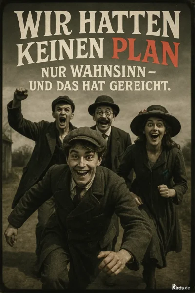 Das Spruch-Bild zeigt vier junge Menschen in historischer Kleidung, die voller Energie auf die Kamera zurennen. Ihre Gesichter strahlen Freude, Wildheit und Entschlossenheit aus. Der Bildstil wirkt wie eine nostalgische Fotografie aus einer vergangenen Zeit, leicht sepiafarben gehalten. Im Hintergrund ist eine nebelige Landschaft zu sehen, was die Szene träumerisch und abenteuerlich wirken lässt.