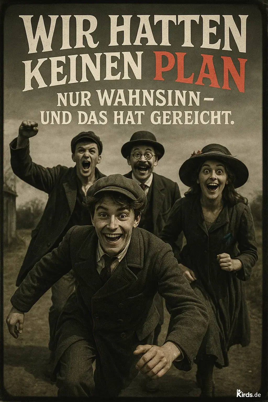 Das Spruch-Bild zeigt vier junge Menschen in historischer Kleidung, die voller Energie auf die Kamera zurennen. Ihre Gesichter strahlen Freude, Wildheit und Entschlossenheit aus. Der Bildstil wirkt wie eine nostalgische Fotografie aus einer vergangenen Zeit, leicht sepiafarben gehalten. Im Hintergrund ist eine nebelige Landschaft zu sehen, was die Szene träumerisch und abenteuerlich wirken lässt.