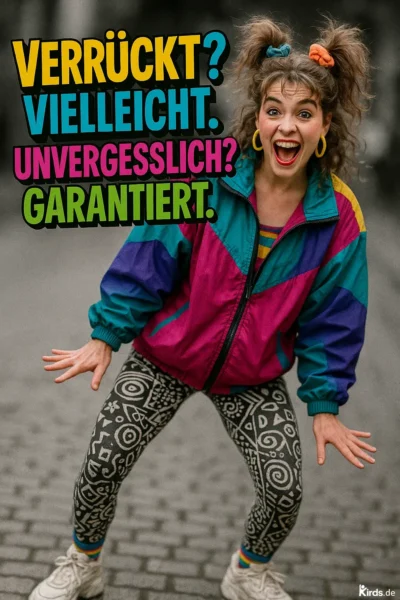 Dieses Spruch-Bild ist lebendig und farbenfroh: Eine junge Frau in auffälliger Retro-Mode mit bunter Trainingsjacke, gemusterten Leggings und fröhlicher Ausstrahlung lacht breit und voller Energie in die Kamera. Der Hintergrund ist dezent unscharf, was den Fokus auf ihre ausgelassene Persönlichkeit lenkt.