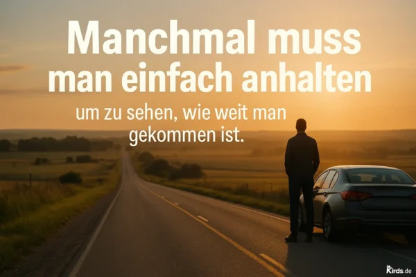Dieses Spruch-Bild ist ruhig, stimmungsvoll und voller Symbolik: Ein Mann steht am Straßenrand neben einem Auto und blickt in die Ferne – auf eine scheinbar endlose Straße, die sich durch eine weite Landschaft zieht. Die Sonne steht tief am Horizont und taucht die Szene in ein warmes, goldenes Licht. Es entsteht eine Atmosphäre der Reflexion und des Innehaltens. Der Mann wirkt nachdenklich, als würde er genau in diesem Moment erkennen, wie weit er auf seiner Reise bereits gekommen ist.