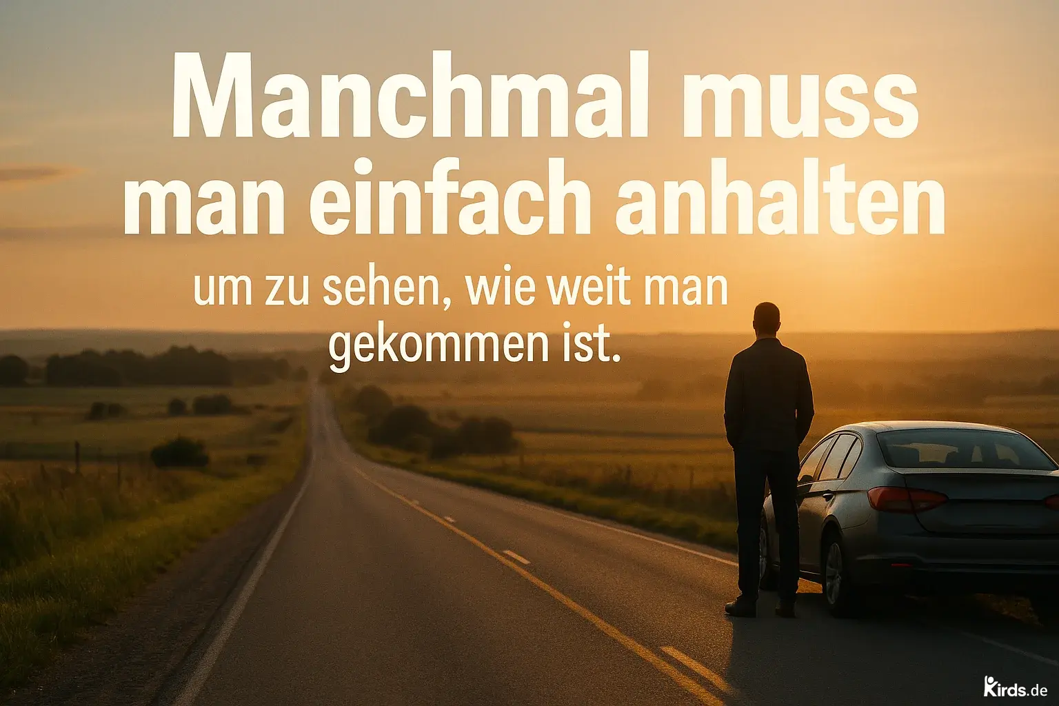 Dieses Spruch-Bild ist ruhig, stimmungsvoll und voller Symbolik: Ein Mann steht am Straßenrand neben einem Auto und blickt in die Ferne – auf eine scheinbar endlose Straße, die sich durch eine weite Landschaft zieht. Die Sonne steht tief am Horizont und taucht die Szene in ein warmes, goldenes Licht. Es entsteht eine Atmosphäre der Reflexion und des Innehaltens. Der Mann wirkt nachdenklich, als würde er genau in diesem Moment erkennen, wie weit er auf seiner Reise bereits gekommen ist.