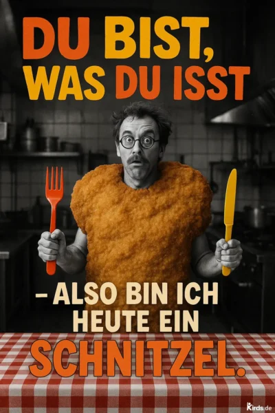 Dieses Spruch-Bild ist kreativ und humorvoll gestaltet: Ein Mann mit ernstem Gesichtsausdruck trägt ein Kostüm, das ihn wie ein paniertes Schnitzel aussehen lässt. In seinen Händen hält er eine übergroße, knallrote Gabel und ein leuchtend gelbes Messer. Der Hintergrund zeigt eine klassische Großküche in Graustufen, wodurch das orangene Schnitzel und das Besteck farblich stark hervorstechen. Die Szene spielt sich an einem Tisch mit rot-weiß-karierter Tischdecke ab, was den rustikalen und kulinarischen Kontext zusätzlich unterstreicht.