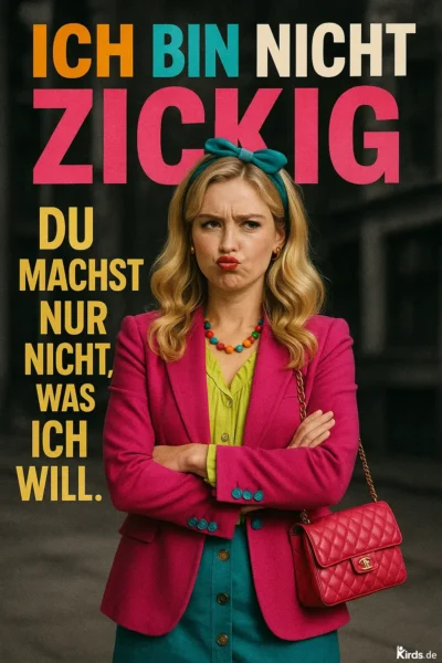 Dieses Spruch-Bild ist humorvoll und selbstbewusst gestaltet: Eine junge Frau mit blonden Haaren, buntem Outfit und verschränkten Armen schaut trotzig in die Kamera. Ihr leuchtend pinker Blazer, das grüne Hemd, der türkisfarbene Rock und die bunte Kette unterstreichen den frechen Charakter des Spruchs. Im Hintergrund ist eine dunkle Stadt-Szenerie leicht verschwommen zu erkennen, wodurch die Hauptfigur besonders hervorsticht.
