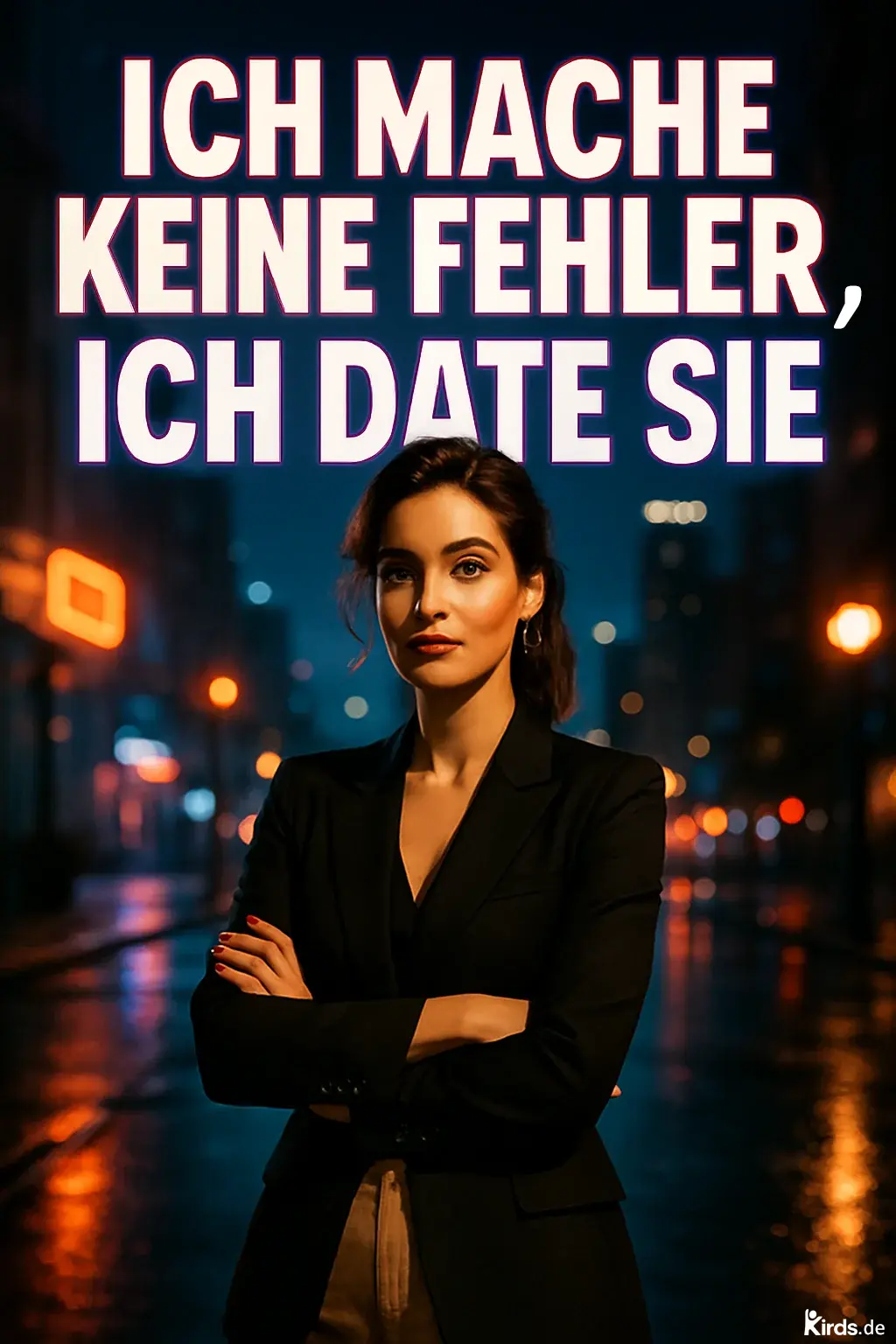 Dieses Spruch-Bild zeigt eine selbstbewusste Frau in eleganter Kleidung, die mit verschränkten Armen in einer nächtlichen, regenfeuchten Großstadtstraße steht. Die Neonlichter und das schimmernde Pflaster erzeugen eine coole, urbane Atmosphäre. Der Spruch ist groß und dominant über ihr platziert und hebt sich durch kontrastreiche Schrift deutlich vom Hintergrund ab. Die Bildstimmung ist geheimnisvoll und selbstsicher – perfekt für die ironische Botschaft.