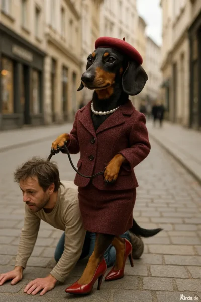 Dieses Spruch-Bild ist humorvoll und surreal: Ein Dackel, bekleidet mit einem schicken bordeauxroten Kostüm, einer passenden Baskenmütze und einer Perlenkette, läuft aufrecht auf High Heels. An einer kurzen Leine führt der Hund einen Mann auf allen Vieren durch eine städtische Straße, was die Rollen von Tier und Mensch augenzwinkernd vertauscht.