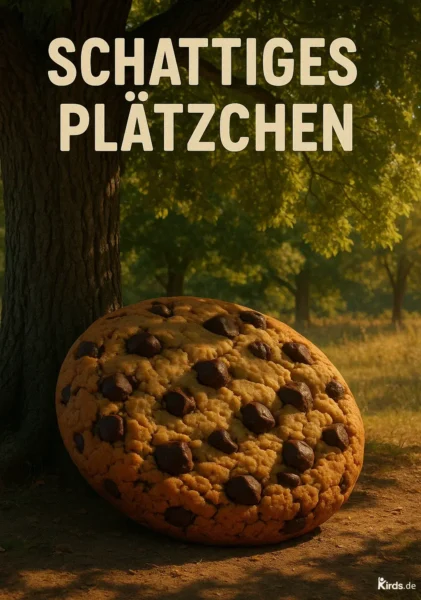 Dieses Spruch-Bild zeigt eine friedliche Szene im Grünen: Ein großer Baum spendet wohltuenden Schatten auf einer sonnendurchfluteten Wiese. An den Stamm des Baumes lehnt ein überdimensional großes Schokoladenplätzchen mit vielen Schokostückchen. Die Lichtstimmung ist warm und sommerlich, mit langen Schatten auf dem Boden. Die Schrift "Schattiges Plätzchen" ist in großen, klaren Buchstaben über dem Motiv platziert.