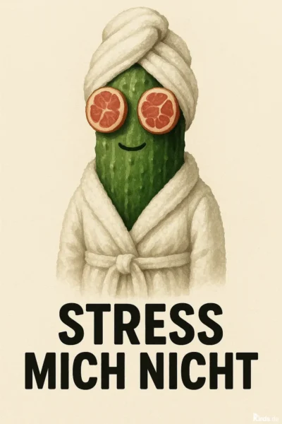 Dieses Spruch-Bild ist humorvoll und symbolstark: Eine anthropomorphisierte Gurke trägt einen weißen Bademantel und ein Handtuch um den Kopf – typisch für einen Spa-Besuch. Anstelle von Augen hat sie zwei Grapefruit-Hälften aufgesetzt. Der Gesichtsausdruck wirkt entspannt und lächelt leicht. Die Kulisse ist neutral beige, wodurch die Figur im Fokus steht. Der Spruch „Stress mich nicht“ ist darunter in großen schwarzen Buchstaben platziert.