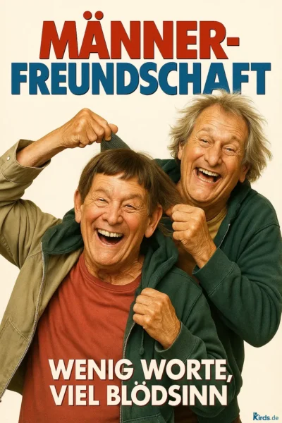 Zwei ältere Männer stehen lachend nebeneinander. Der Mann rechts zieht dem linken Mann mit einem verschmitzten Grinsen an den Haaren, während beide ausgelassen lachen. Ihre Kleidung ist leger – Kapuzenjacken und T-Shirts. Ihre Mimik strahlt echte Freude und Verspieltheit aus. Die Szene wirkt wie eine Momentaufnahme langjähriger Freundschaft voller gemeinsamer Albernheiten.