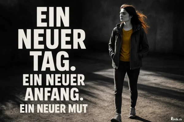 Auf dem Bild steht eine junge Frau mit dunklem Haar und einem gelben Shirt unter einer dunklen Jacke. Sie läuft selbstbewusst durch eine schattige, leicht düstere Umgebung, während ihr Haar im Wind weht. Die Umgebung wirkt grau und kühl, wodurch das gelbe Shirt als Symbol für Hoffnung und neuen Mut besonders hervorsticht. Der Spruch ist links in großen weißen Blockbuchstaben angeordnet, was dem Bild eine kraftvolle und motivierende Wirkung verleiht.