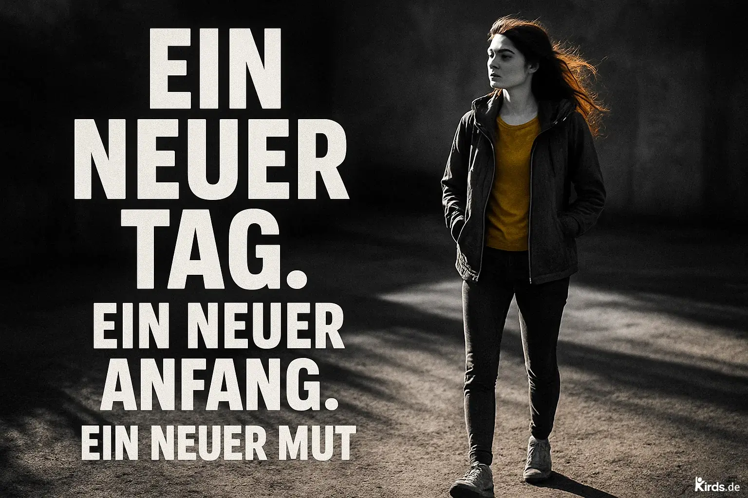 Auf dem Bild steht eine junge Frau mit dunklem Haar und einem gelben Shirt unter einer dunklen Jacke. Sie läuft selbstbewusst durch eine schattige, leicht düstere Umgebung, während ihr Haar im Wind weht. Die Umgebung wirkt grau und kühl, wodurch das gelbe Shirt als Symbol für Hoffnung und neuen Mut besonders hervorsticht. Der Spruch ist links in großen weißen Blockbuchstaben angeordnet, was dem Bild eine kraftvolle und motivierende Wirkung verleiht.
