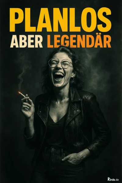 Dieses Spruch-Bild zeigt eine selbstbewusste Frau in einer dunklen Lederjacke, die laut lachend eine Zigarette hält. Der Hintergrund ist düster gehalten, was die hell leuchtende Zigarette und ihr strahlendes Lachen besonders hervorhebt. Die Bildwirkung ist rebellisch, lässig und unkonventionell – perfekt passend zum Spruch.
