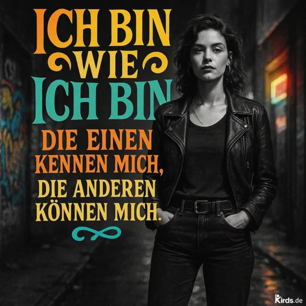 Das Spruch-Bild zeigt eine junge Frau mit lockigem, schulterlangem Haar, die selbstbewusst in einer dunklen, urbanen Gasse steht. Sie trägt eine schwarze Lederjacke, ein dunkles Oberteil und eine schwarze Hose. Ihre Hände stecken lässig in den Hosentaschen. Die Szenerie ist leicht düster, im Hintergrund sind bunte Graffiti und Neonlichter zu erkennen, die einen modernen Großstadtflair erzeugen. Der Spruch ist farblich in kräftigem Gelb, Türkis und Orange auf das Bild gesetzt, was einen auffälligen Kontrast zur düsteren Umgebung bildet.