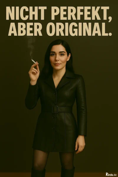 Dieses Spruch-Bild ist kraftvoll, selbstbewusst und minimalistisch: Eine junge Frau mit dunklem Haar steht frontal im Fokus, trägt ein stilvolles, schwarzes Lederkleid mit Gürtel und blickt ruhig und direkt in die Kamera. In ihrer rechten Hand hält sie lässig eine Zigarette, deren Rauch leicht aufsteigt – ein Symbol für Unangepasstheit und Charakter. Der Hintergrund ist schlicht und monochrom dunkelgrün gehalten, was den rebellisch-eleganten Look unterstreicht. Der Spruch „Nicht perfekt, aber original.“ ist in großen, beigen Großbuchstaben über ihrem Kopf platziert – plakativ und unmissverständlich. Unten rechts ist das Kirds.de-Logo dezent eingebettet.