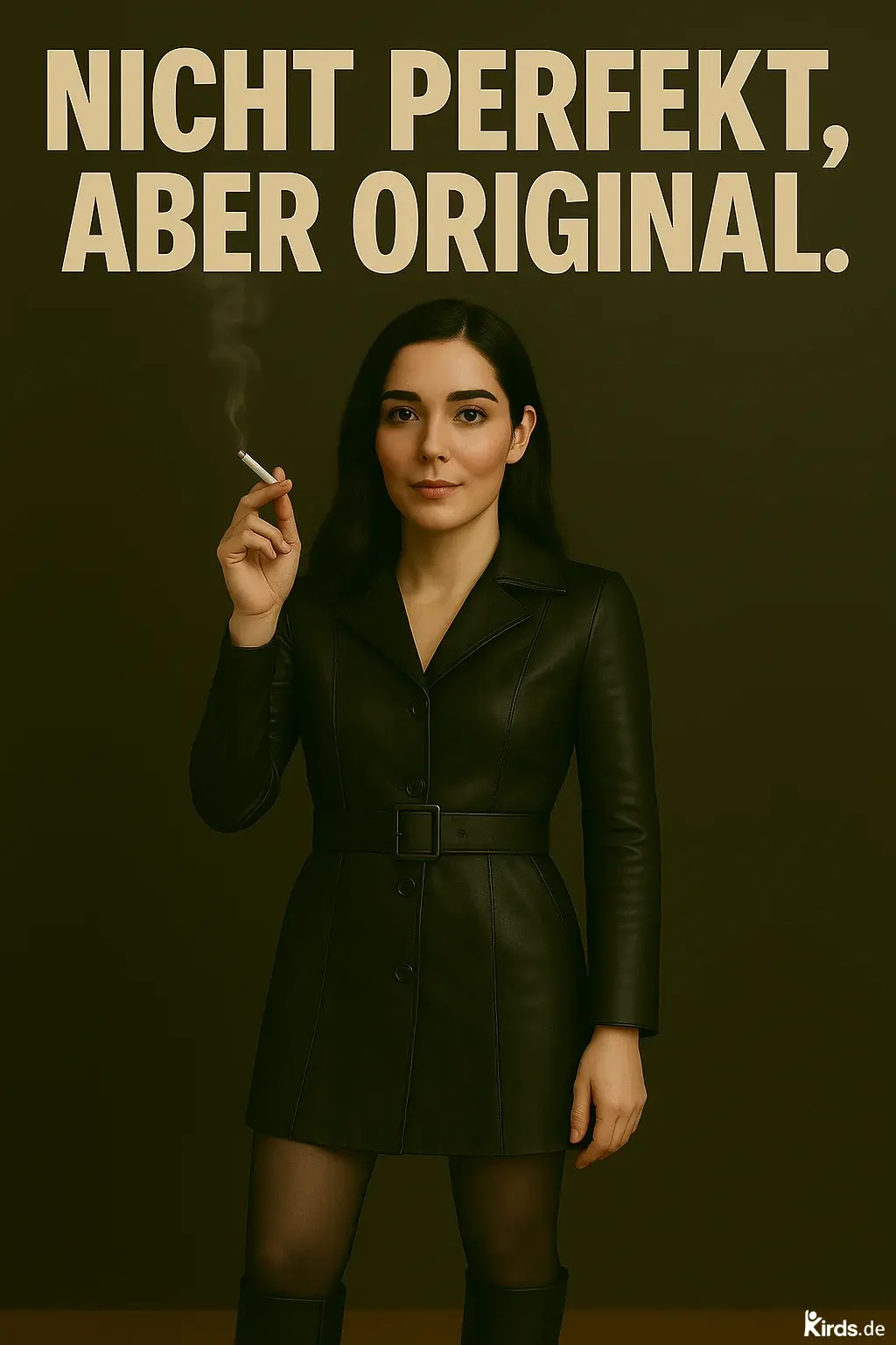 Dieses Spruch-Bild ist kraftvoll, selbstbewusst und minimalistisch: Eine junge Frau mit dunklem Haar steht frontal im Fokus, trägt ein stilvolles, schwarzes Lederkleid mit Gürtel und blickt ruhig und direkt in die Kamera. In ihrer rechten Hand hält sie lässig eine Zigarette, deren Rauch leicht aufsteigt – ein Symbol für Unangepasstheit und Charakter. Der Hintergrund ist schlicht und monochrom dunkelgrün gehalten, was den rebellisch-eleganten Look unterstreicht. Der Spruch „Nicht perfekt, aber original.“ ist in großen, beigen Großbuchstaben über ihrem Kopf platziert – plakativ und unmissverständlich. Unten rechts ist das Kirds.de-Logo dezent eingebettet.