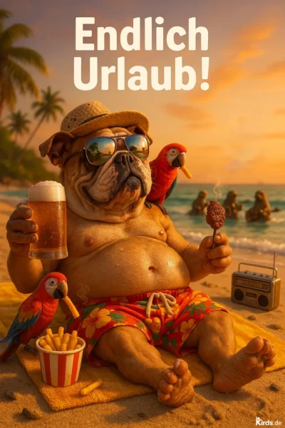 Dieses Spruch-Bild ist eine witzige und überzeichnete Urlaubsszene: Ein anthropomorpher Bulldog sitzt entspannt am Strand, trägt eine Sonnenbrille und einen Strohhut, hält ein Bier in der einen und einen Fleischspieß in der anderen Hand. Er trägt eine rote Badehose mit gelben Blumen. Neben ihm sitzen zwei Papageien, einer futtert Pommes. Im Hintergrund baden weitere Hunde im Meer. Alles ist in ein warmes, goldenes Licht eines Sonnenuntergangs getaucht. Die Szene ist humorvoll, detailreich und vermittelt pure Urlaubsstimmung.