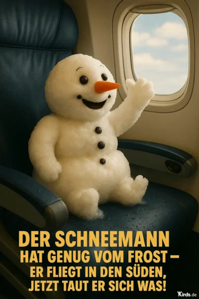 Dieses Bild ist witzig, charmant und absolut treffend zum Spruch: Ein fröhlicher Schneemann sitzt entspannt im Flugzeugsitz, winkt freundlich und schaut aus dem Fenster in den blauen Himmel mit weichen Wölkchen. Er ist klassisch gestaltet – mit schwarzer Knopfreihe, Karottennase und einem breiten Lächeln – und wirkt lebendig und abenteuerlustig, als wäre der Flug in den Süden seine ganz persönliche Winterflucht. Die Szene ist skurril und fotorealistisch inszeniert – als würde man ihn tatsächlich beim Alltagsurlaub eines Schneemanns beobachten. Das ganze Bild strahlt Humor, Wärme und Urlaubslaune aus. Ein fantastisches Motiv zur Illustration des Spruchs – ein echter Hingucker!