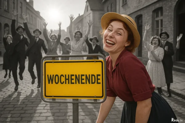 Dieses Spruch-Bild zeigt eine junge Frau mit Strohhut und roter Bluse, die strahlend lacht und sich leicht nach vorne beugt. Im Vordergrund befindet sich ein gelbes Straßenschild mit der Aufschrift „Wochenende“. Im Hintergrund jubeln eine Gruppe von Menschen, die Arme freudig in die Luft gestreckt. Der Hintergrund ist in Schwarz-Weiß gehalten, während die Hauptperson und das Schild farbig hervorgehoben sind. Die Szene spielt auf einer historischen Kopfsteinpflasterstraße bei tiefstehender Sonne.