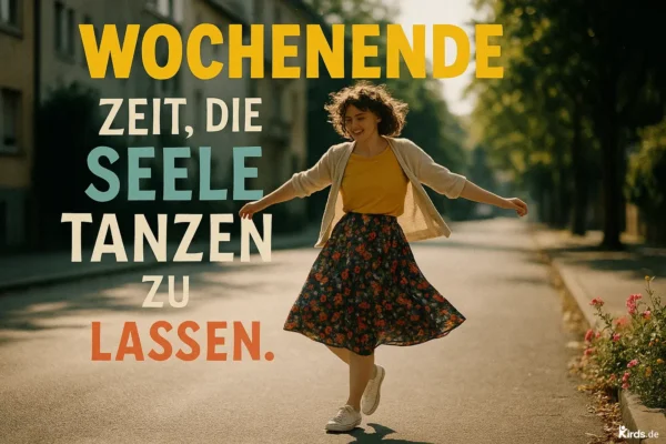 Auf dem Bild sieht man eine junge Frau, die lachend auf einer sonnigen Straße tanzt. Sie trägt ein gelbes Oberteil, einen luftigen, geblümten Rock und weiße Sneakers. Ihre Arme sind ausgebreitet, und die Haare wehen locker im Wind. Der Hintergrund zeigt eine ruhige Wohnstraße, gesäumt von Bäumen und vereinzelten Blumen am Straßenrand. Die Szene strahlt Leichtigkeit, Lebensfreude und sommerliche Unbeschwertheit aus.