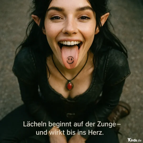 Das Bild zeigt eine junge Frau mit spitzen, elfengleichen Ohren und einem offenen, fröhlichen Gesichtsausdruck. Sie streckt ihre Zunge heraus, auf der ein lachendes Smiley-Gesicht gezeichnet ist – ein frecher, überraschender Blickfang. Die Frau trägt ein schwarzes Oberteil und eine auffällige Kette mit einem roten, herzförmigen Anhänger. Ihr Blick ist direkt in die Kamera gerichtet und vermittelt Lebensfreude, Humor und einen Hauch von Magie. Der Hintergrund ist neutral, damit der Fokus ganz auf ihrem Lächeln – und dem auf der Zunge – liegt.