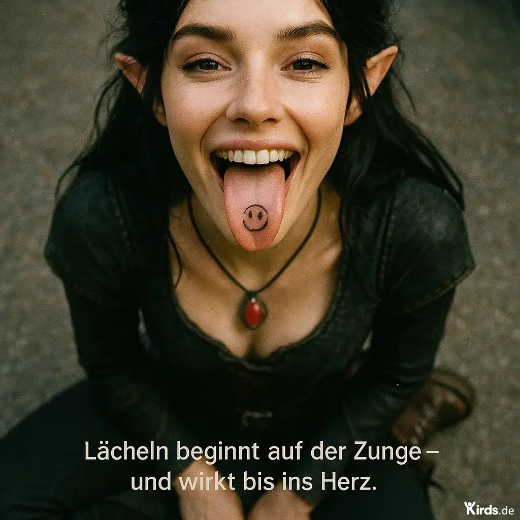 Das Bild zeigt eine junge Frau mit spitzen, elfengleichen Ohren und einem offenen, fröhlichen Gesichtsausdruck. Sie streckt ihre Zunge heraus, auf der ein lachendes Smiley-Gesicht gezeichnet ist – ein frecher, überraschender Blickfang. Die Frau trägt ein schwarzes Oberteil und eine auffällige Kette mit einem roten, herzförmigen Anhänger. Ihr Blick ist direkt in die Kamera gerichtet und vermittelt Lebensfreude, Humor und einen Hauch von Magie. Der Hintergrund ist neutral, damit der Fokus ganz auf ihrem Lächeln – und dem auf der Zunge – liegt.