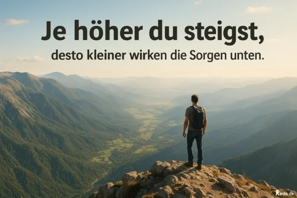 Dieses Spruch-Bild ist kraftvoll und symbolträchtig: Ein Mann steht allein auf einem hohen Berggipfel und blickt in die Tiefe eines weiten, von Licht durchfluteten Tals, das sich bis zum Horizont erstreckt. Die Berge rundherum sind majestätisch und vermitteln ein Gefühl von Erhabenheit und Klarheit. Die Szene verkörpert den inneren Aufstieg und die Distanz zu den eigenen Sorgen, die sinnbildlich unten im Tal zurückbleiben.