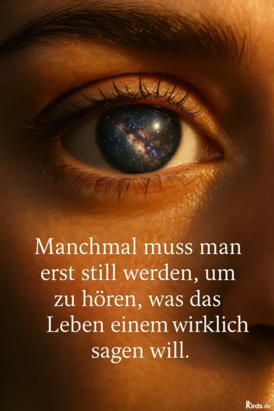 Dieses Spruch-Bild ist visuell eindrucksvoll und symbolträchtig: Im Zentrum steht ein menschliches Auge, dessen Iris eine Galaxie zeigt – Sterne, Nebel und das tiefe Schwarz des Alls. Es vermittelt das Gefühl, dass das Universum in uns selbst liegt. Das Bild wirkt ruhig, mystisch und nachdenklich – perfekt passend zur Botschaft des Spruchs, die sich in weißer Serifenschrift über die Gesichtshaut zieht.