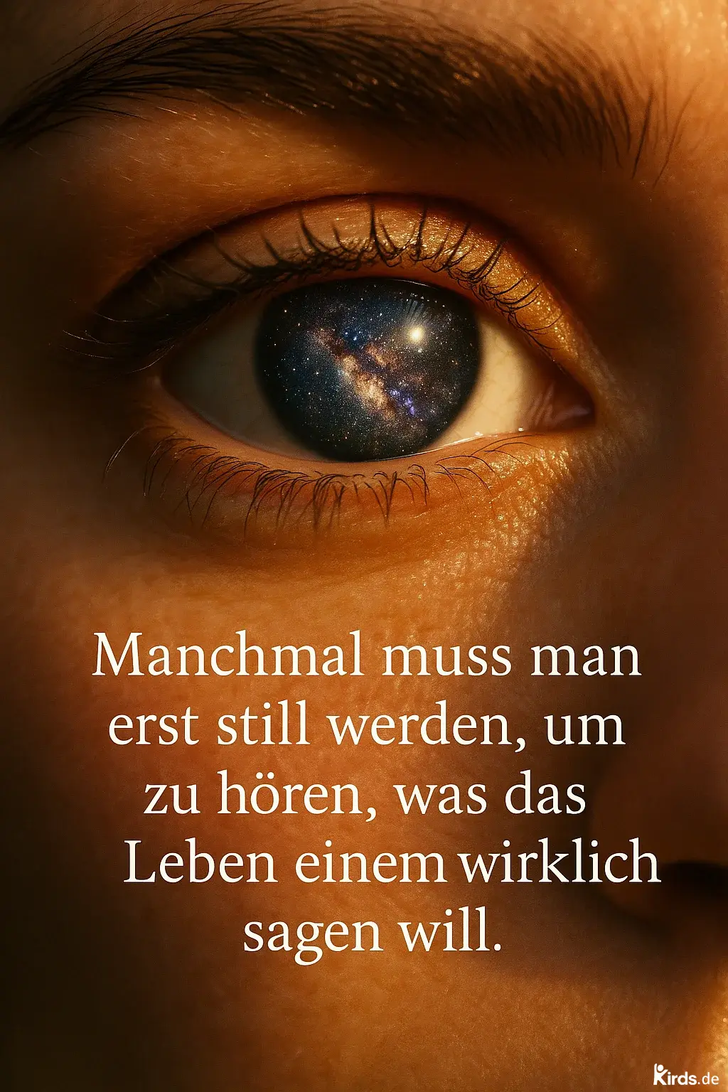Dieses Spruch-Bild ist visuell eindrucksvoll und symbolträchtig: Im Zentrum steht ein menschliches Auge, dessen Iris eine Galaxie zeigt – Sterne, Nebel und das tiefe Schwarz des Alls. Es vermittelt das Gefühl, dass das Universum in uns selbst liegt. Das Bild wirkt ruhig, mystisch und nachdenklich – perfekt passend zur Botschaft des Spruchs, die sich in weißer Serifenschrift über die Gesichtshaut zieht.
