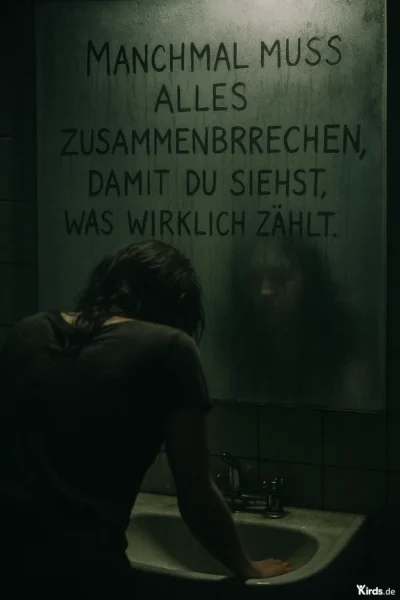 Dieses Bild hat eine düstere, nachdenkliche Stimmung. Es zeigt eine Person, die sich über ein Waschbecken beugt, während sie in einen beschlagenen Spiegel blickt. Der Text ist im Spiegel sichtbar und lautet: „Manchmal muss alles zusammenbrechen, damit du siehst, was wirklich zählt.“