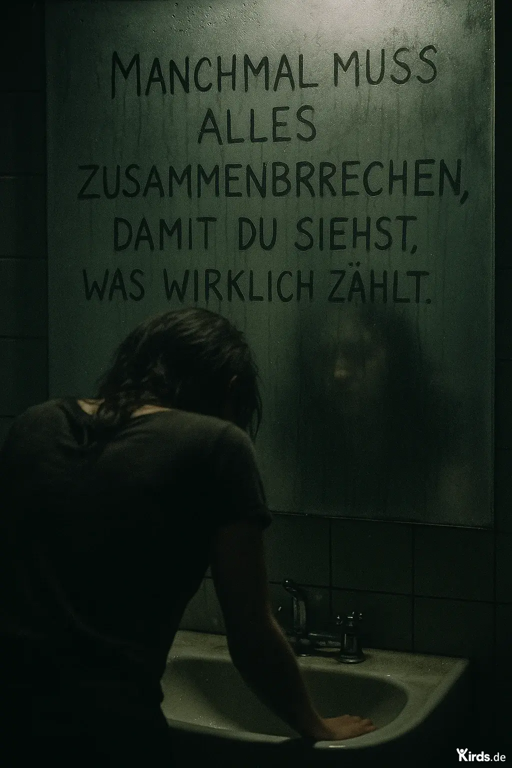 Dieses Bild hat eine düstere, nachdenkliche Stimmung. Es zeigt eine Person, die sich über ein Waschbecken beugt, während sie in einen beschlagenen Spiegel blickt. Der Text ist im Spiegel sichtbar und lautet: „Manchmal muss alles zusammenbrechen, damit du siehst, was wirklich zählt.“