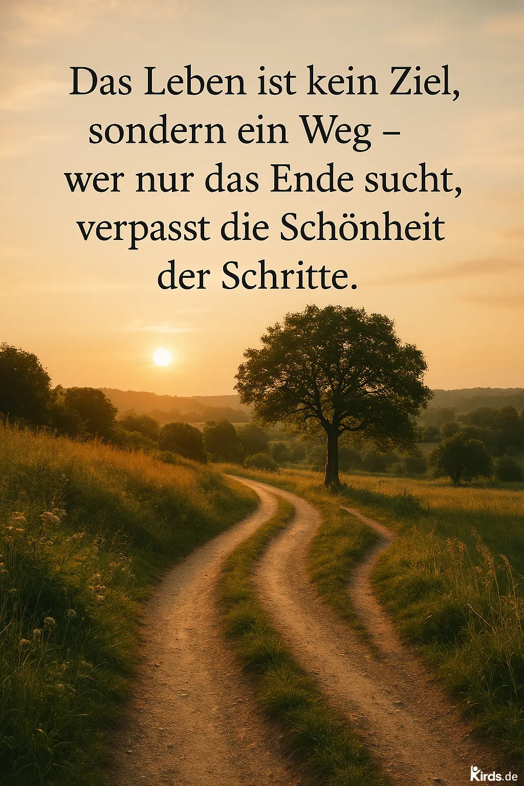 Dieses Spruch-Bild zeigt einen idyllischen Feldweg, der sich sanft durch eine grüne Wiese windet. Im Hintergrund steht ein einzelner Baum, der im warmen Licht der untergehenden Sonne leuchtet. Die Szene strahlt Ruhe, Naturverbundenheit und einen Hauch von Melancholie aus – perfekt passend zum tiefgründigen Spruch über das Leben als Weg, nicht als Ziel.