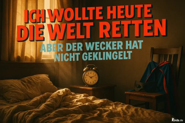 Dieses Spruch-Bild wirkt wie eine Momentaufnahme aus dem echten Leben eines Superhelden im Ruhestand. Im Zentrum steht ein ungemachtes Bett in einem Schlafzimmer, durch dessen Fenster warmes Morgenlicht fällt. Auf dem Nachttisch steht ein altmodischer Wecker, die Zeiger zeigen kurz vor sieben. Der Clou liegt auf dem Holzstuhl neben dem Bett: Dort hängt ein blau-rotes Cape, auf dem eine schwarze Superheldenmaske liegt. Die Szenerie wirkt ruhig, fast melancholisch – und wird durch den ironischen Spruch zur charmanten Alltagsparodie auf das Heldentum.