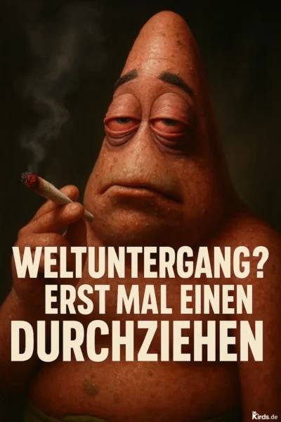 Dieses Spruch-Bild ist skurril und augenzwinkernd gestaltet: Eine cartoonartige, humanoide Figur mit einer seltsam spitzen, fast kegelartigen Kopfform blickt schläfrig und gleichgültig in die Kamera. Die Augen sind stark gerötet und halb geschlossen – ein typischer Ausdruck eines bekifften Charakters. In der Hand hält die Figur einen glühenden Joint, aus dem Rauch aufsteigt. Der Hintergrund ist dunkel und schlicht, wodurch die Figur im Vordergrund besonders betont wird. Die Schrift des Spruchs ist groß, fett und mittig platziert – in weißer Farbe vor dem dunklen Hintergrund sehr gut lesbar. Die Szene wirkt absurd und gleichzeitig unglaublich passend zum ironischen Charakter des Spruchs.