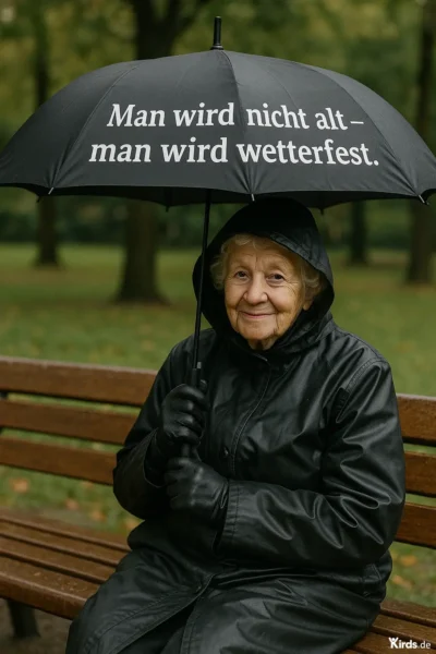 Dieses Bild zeigt eine ältere Dame, die in einem Park auf einer Bank sitzt. Sie trägt wetterfeste Kleidung – einen schwarzen Regenmantel, Handschuhe und hält einen schwarzen Regenschirm über sich. Der Ausdruck in ihrem Gesicht ist freundlich und zufrieden. Auf dem Regenschirm steht ein humorvoller Spruch: „Man wird nicht alt – man wird wetterfest.“