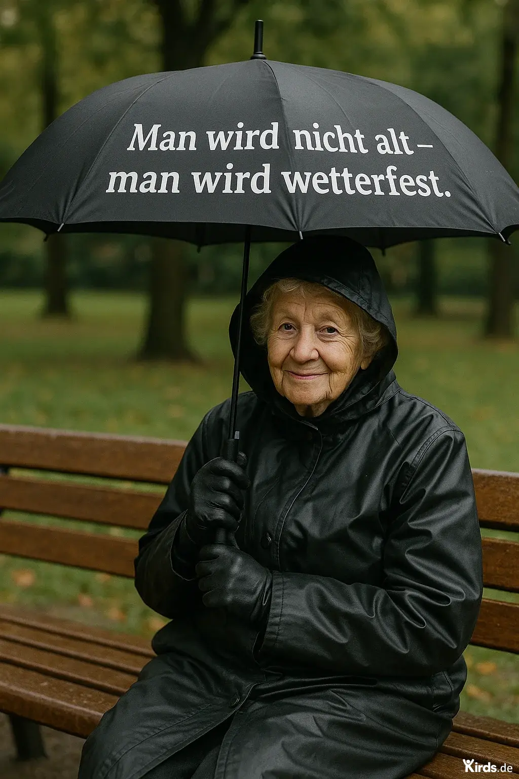 Dieses Bild zeigt eine ältere Dame, die in einem Park auf einer Bank sitzt. Sie trägt wetterfeste Kleidung – einen schwarzen Regenmantel, Handschuhe und hält einen schwarzen Regenschirm über sich. Der Ausdruck in ihrem Gesicht ist freundlich und zufrieden. Auf dem Regenschirm steht ein humorvoller Spruch: „Man wird nicht alt – man wird wetterfest.“
