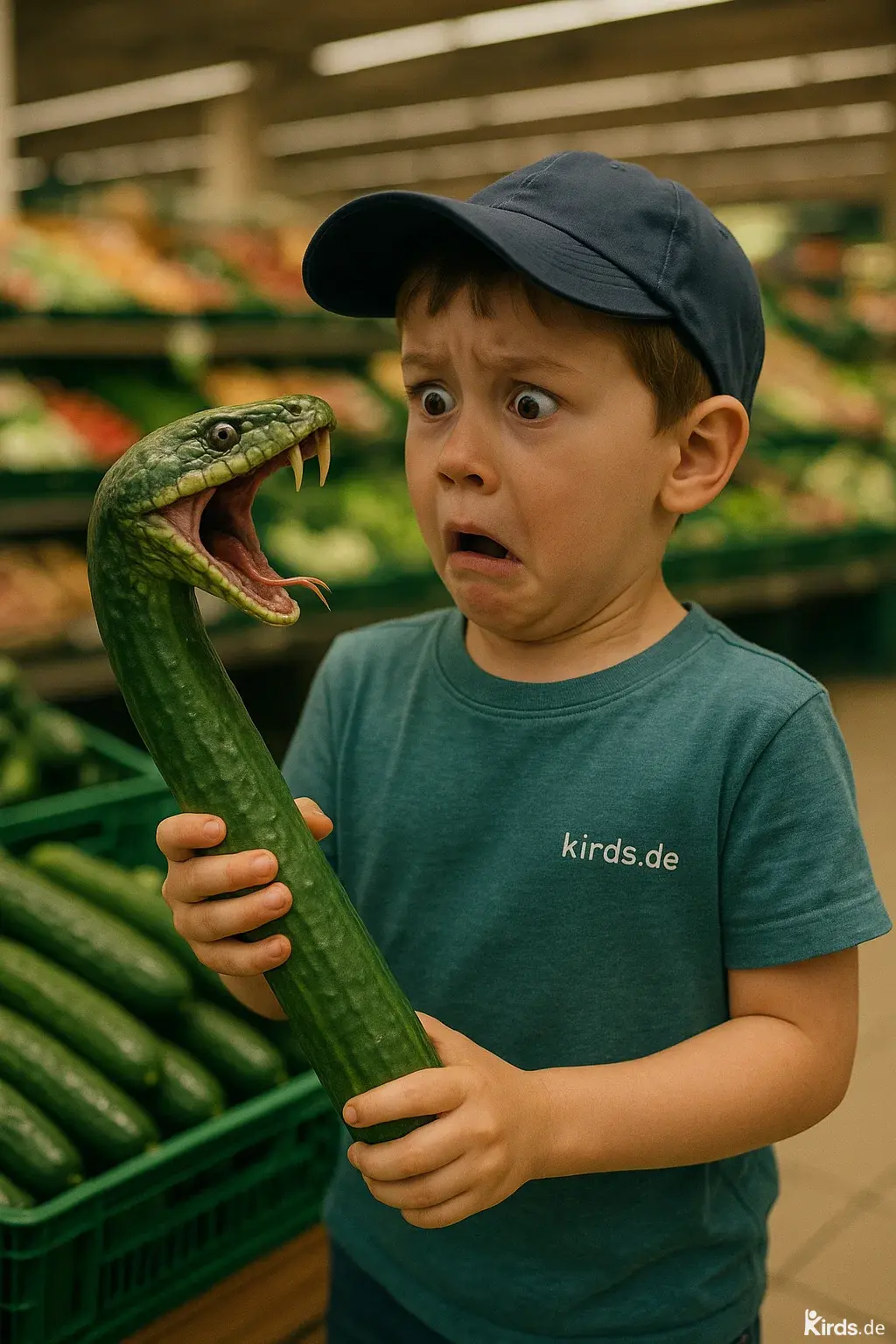 Witzige Sprüche Gemüse Kind Gurke wird zur Schlange