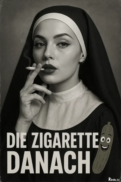 Dieses Spruch-Bild kombiniert klassische Eleganz mit augenzwinkerndem Humor: Eine junge, attraktive Nonne blickt ernst in die Kamera, während sie lässig eine Zigarette zwischen den Fingern hält. Die Aufnahme ist in stilvollem Schwarz-Weiß gehalten, mit leichtem Vintage-Charakter. Der Spruch „Die Zigarette danach“ wird in großer, klarer Typografie unter dem Bild dargestellt. Neben dem Text befindet sich eine cartoonhafte Gurke mit fröhlichem Gesicht, die dem ansonsten ernsten Bild eine witzige und absurde Note verleiht.