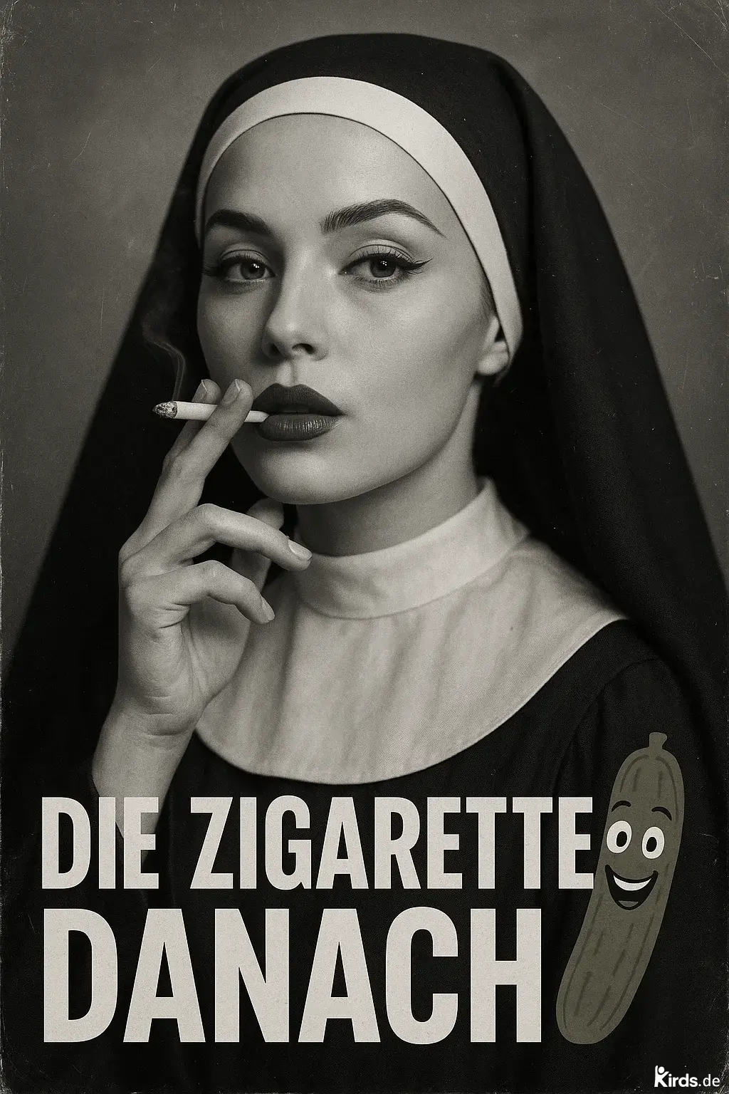 Dieses Spruch-Bild kombiniert klassische Eleganz mit augenzwinkerndem Humor: Eine junge, attraktive Nonne blickt ernst in die Kamera, während sie lässig eine Zigarette zwischen den Fingern hält. Die Aufnahme ist in stilvollem Schwarz-Weiß gehalten, mit leichtem Vintage-Charakter. Der Spruch „Die Zigarette danach“ wird in großer, klarer Typografie unter dem Bild dargestellt. Neben dem Text befindet sich eine cartoonhafte Gurke mit fröhlichem Gesicht, die dem ansonsten ernsten Bild eine witzige und absurde Note verleiht.