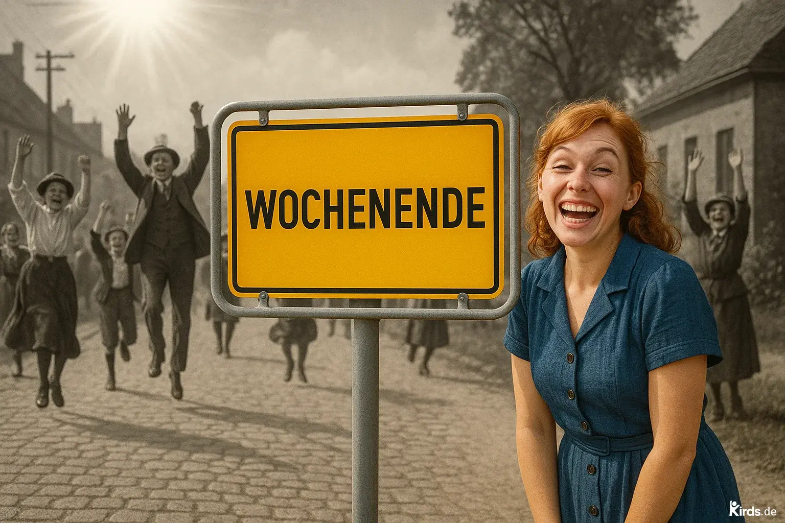 Wochenende Ortseingangsschild listig mit Frau 