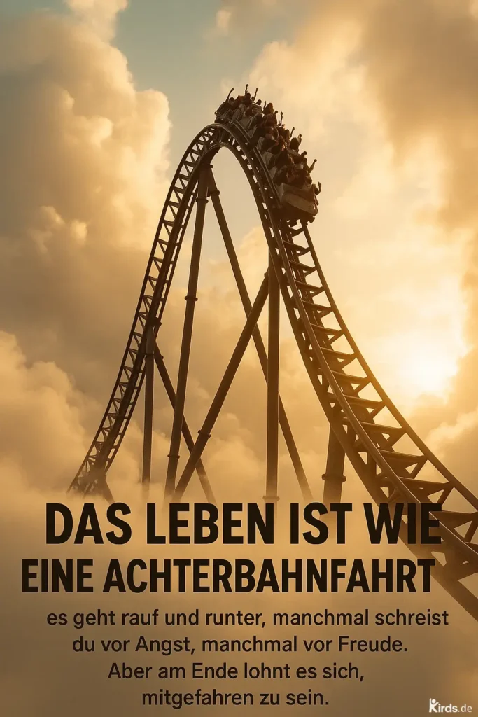 Das Bild zeigt eine dramatische Szene einer Achterbahn, die sich in einem steilen Bogen über die Schienen erhebt. Der Wagen ist bis auf den letzten Platz gefüllt mit Menschen, deren Arme teilweise jubelnd in die Luft ragen – ein Zeichen von Nervenkitzel, Angst und Freude zugleich. Die Stahlkonstruktion der Achterbahn wirkt imposant und dynamisch, während sie sich gegen einen Himmel aus goldgelben Wolken und weichem Abendlicht abhebt. Die Szenerie vermittelt eine Mischung aus Freiheit und Spannung – als würde man für einen Moment dem Alltag entfliehen und sich ganz dem Moment hingeben. Im unteren Bereich des Bildes ist ein inspirierender Text eingebettet: „Das Leben ist wie eine Achterbahnfahrt – es geht rauf und runter, manchmal schreist du vor Angst, manchmal vor Freude. Aber am Ende lohnt es sich, mitgefahren zu sein.“ Diese Worte fassen die emotionale Symbolik der Aufnahme treffend zusammen. Die Achterbahn steht metaphorisch für das Leben mit all seinen Höhen und Tiefen – und der Mut, jede Kurve mitzufahren, macht es am Ende wertvoll.