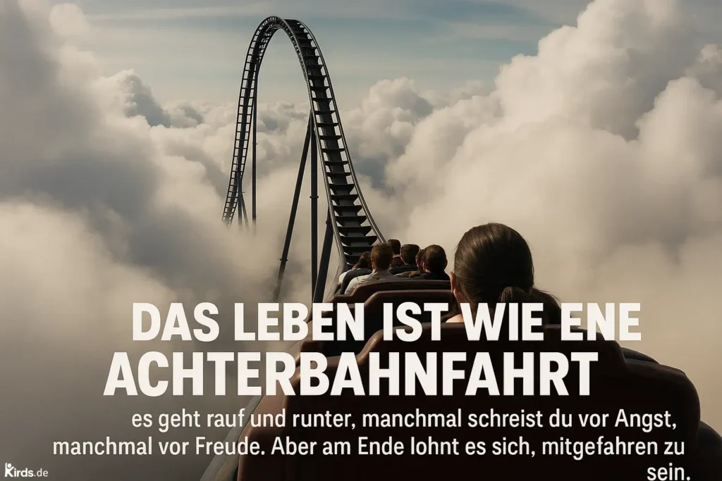 Das Bild zeigt eine packende Szene aus der Perspektive von Fahrgästen, die sich in einer Achterbahn auf eine steile Abfahrt zubewegen. Der Blick geht direkt in die Tiefe, wo die Schienen sich dramatisch durch eine wolkenverhangene Landschaft winden. Der Himmel ist dicht mit hellen, teils dunklen Wolken gefüllt, was dem Bild eine fast surreale Atmosphäre verleiht – als würde die Bahn direkt durch die Wolken gleiten. Im Vordergrund sieht man die Hinterköpfe mehrerer Menschen, die konzentriert und gespannt in Richtung der nächsten Kurve blicken. Diese Perspektive vermittelt eindrucksvoll das Gefühl, selbst in der Bahn zu sitzen, kurz vor dem Moment des Fallens. Der Nervenkitzel ist greifbar – ein Sinnbild für Spannung, Erwartung und den Mut, sich dem Ungewissen zu stellen. Darunter steht in großer, fett gedruckter Schrift: „DAS LEBEN IST WIE EINE ACHTERBAHNFAHRT“ – wobei sich in diesem Exemplar ein Tippfehler eingeschlichen hat („ENE“ statt „EINE“). Es folgt der Text: „Es geht rauf und runter, manchmal schreist du vor Angst, manchmal vor Freude. Aber am Ende lohnt es sich, mitgefahren zu sein.“ Diese Worte spiegeln die emotionale Botschaft des Bildes wider: Das Leben ist unberechenbar, voller Höhen und Tiefen, doch wer den Mut hat mitzufahren, wird letztlich reich an Erfahrungen belohnt.