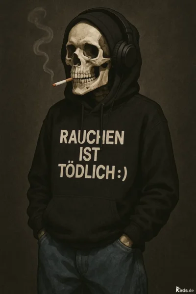 Dieses Spruch-Bild ist provokant und voller Symbolik: Ein Skelett trägt einen schwarzen Kapuzenpullover mit der Aufschrift „Rauchen ist tödlich :)“ und hat eine brennende Zigarette im Mund. Kopfhörer auf dem Kopf verstärken den lässigen, fast gleichgültigen Look. Das Bild vermittelt eine zynische und gleichzeitig ernste Botschaft über die Gefahren des Rauchens.